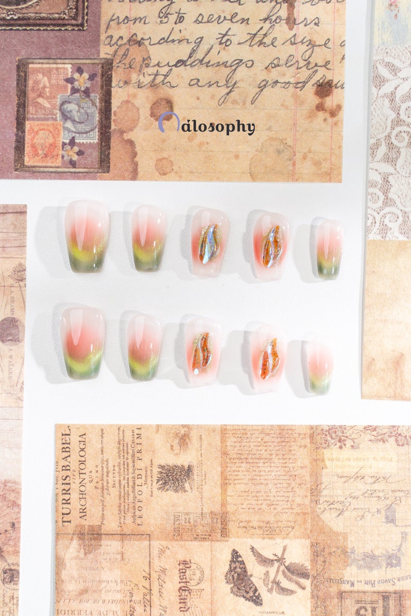 Nailosophy أظافر فاخرة مصنوعة يدويًا قابلة للصق بلون الخوخي وزيتون مع جواهر أورا 3D | شكل مربع - Image 2